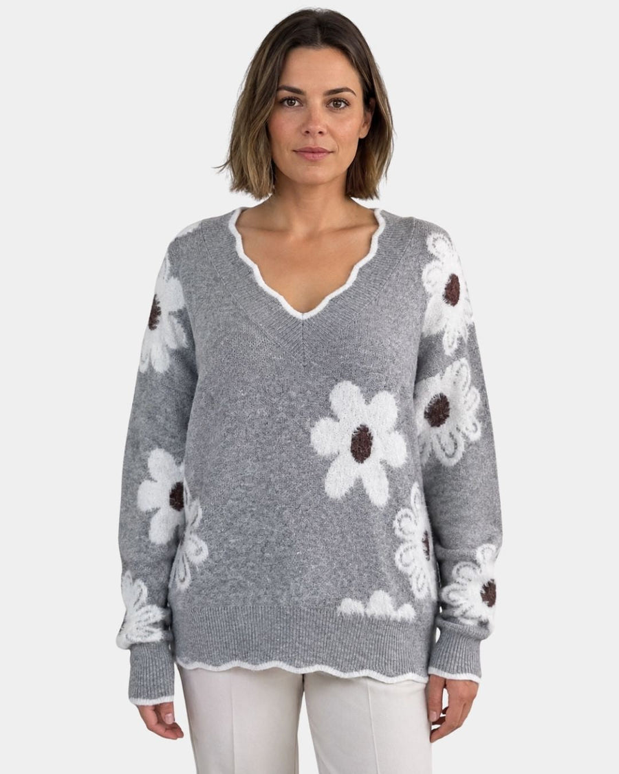PAULA | TRICOT FLORAL ÉLÉGANT AVEC COL EN V