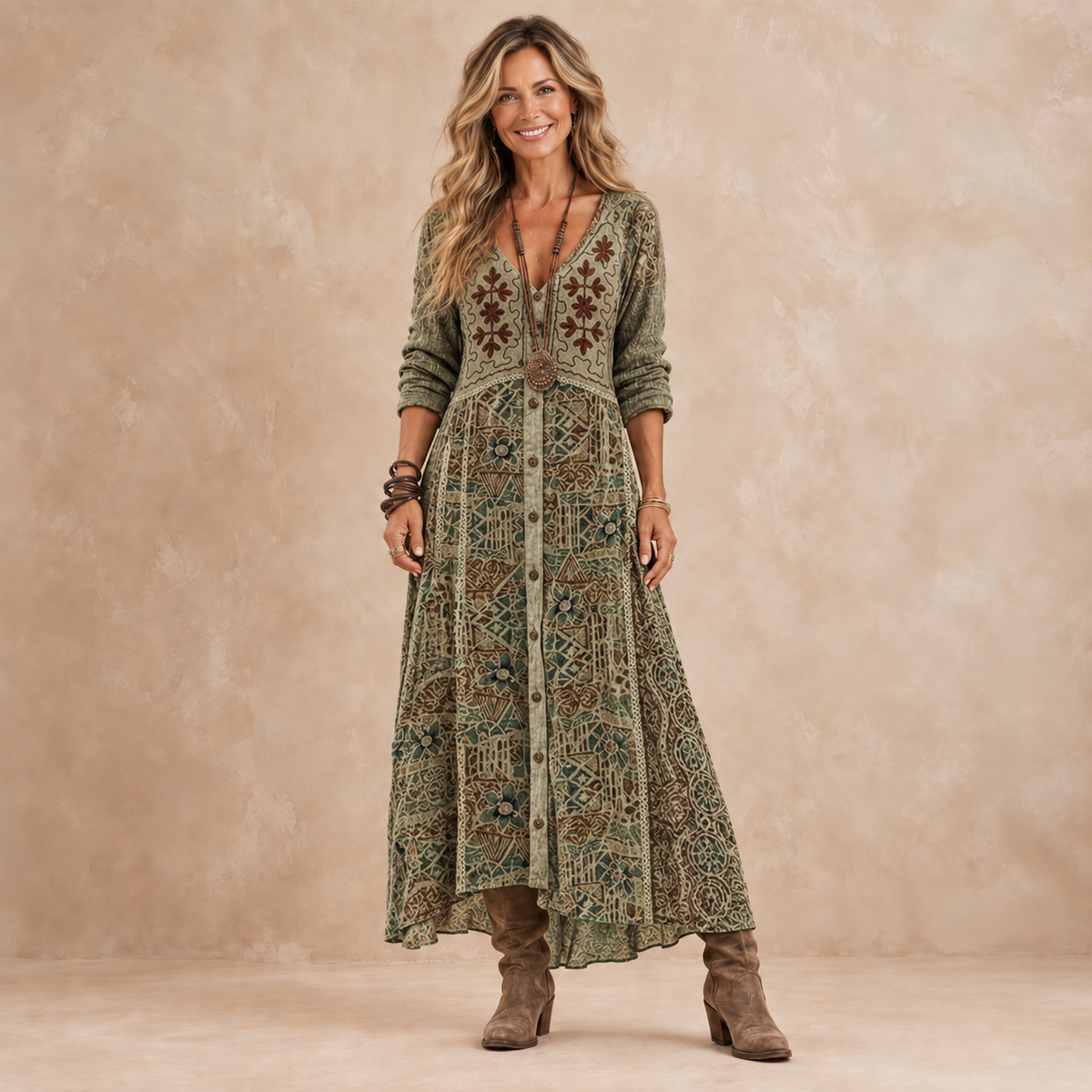 Maribel | Robe Longue Vintage à Imprimé Botanique