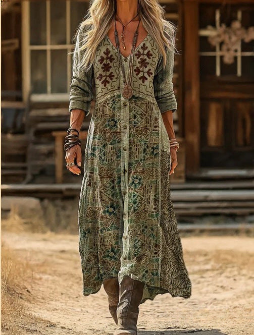 Maribel | Robe Longue Vintage à Imprimé Botanique