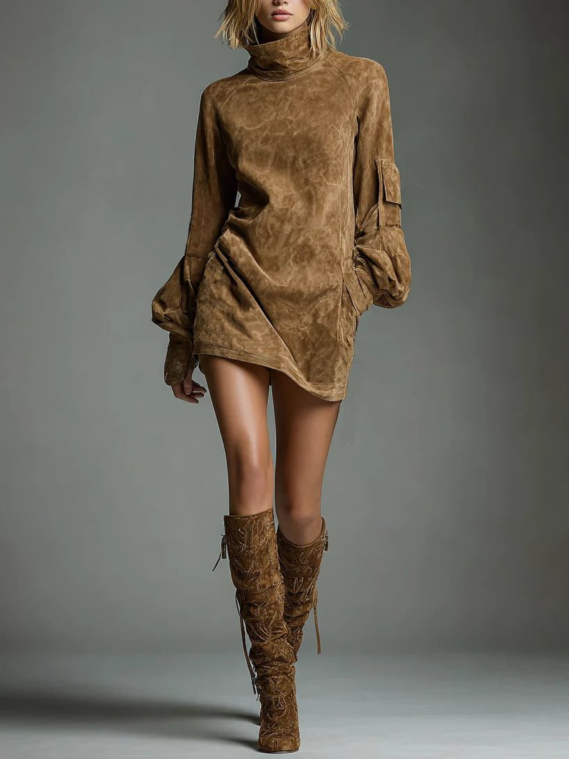 Bibiane | Mini Robe Oversize en Suédine à Col Montant