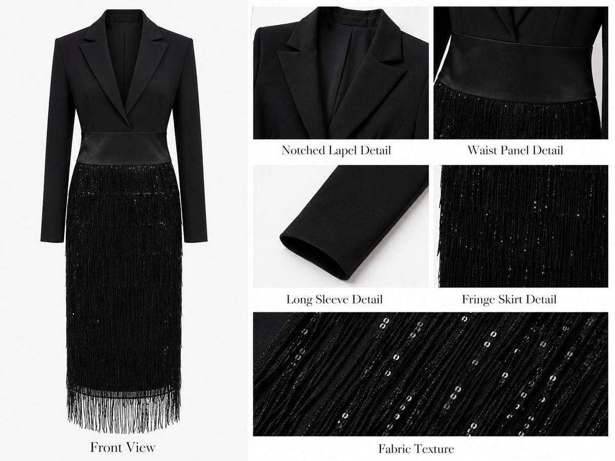 Loredana | Robe Midi Style Blazer à Franges