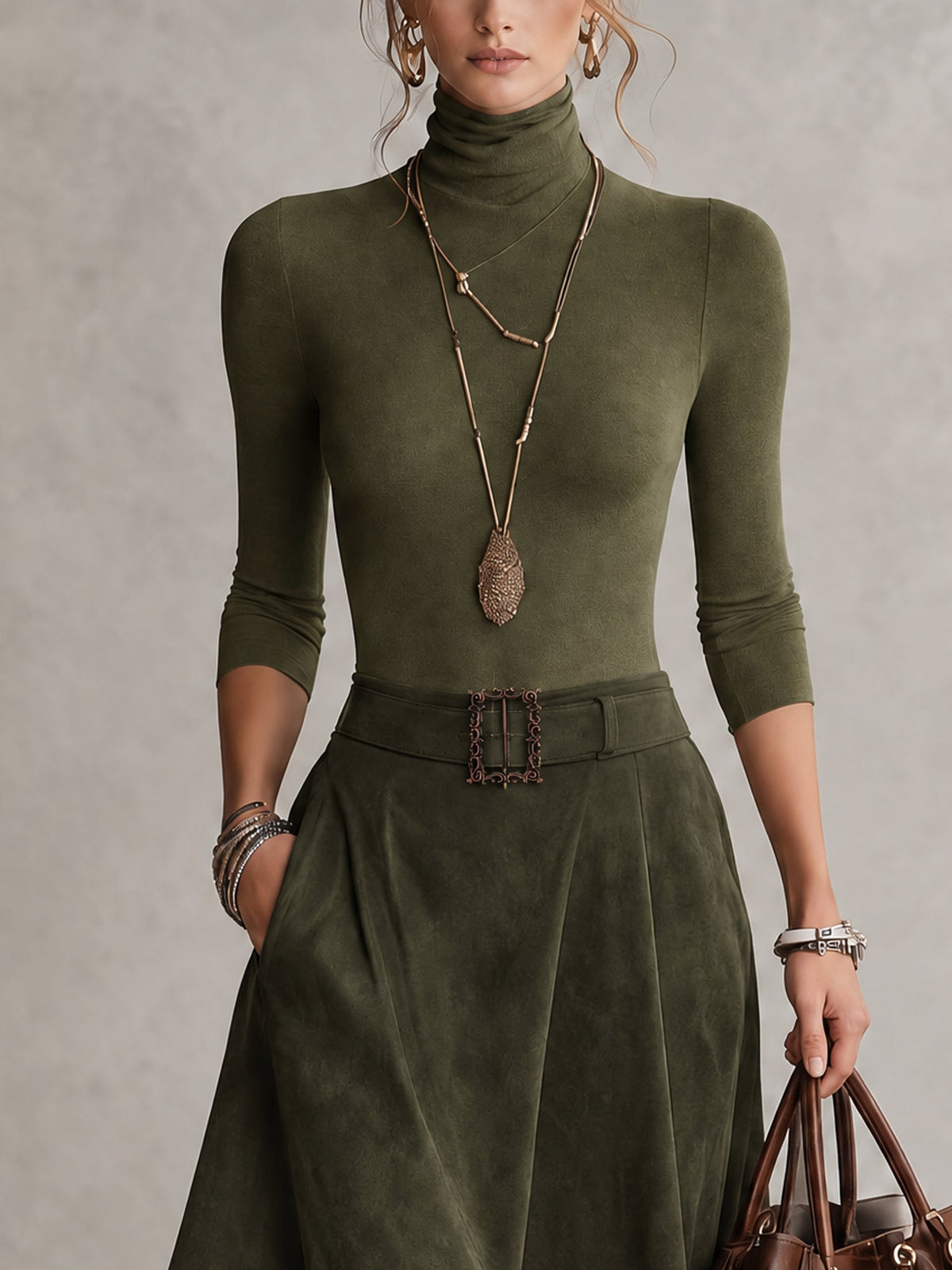 Ensemble Vert Olive avec Haut Extensible à Col Roulé et Jupe Asymétrique en Suédine (avec Ceinture)