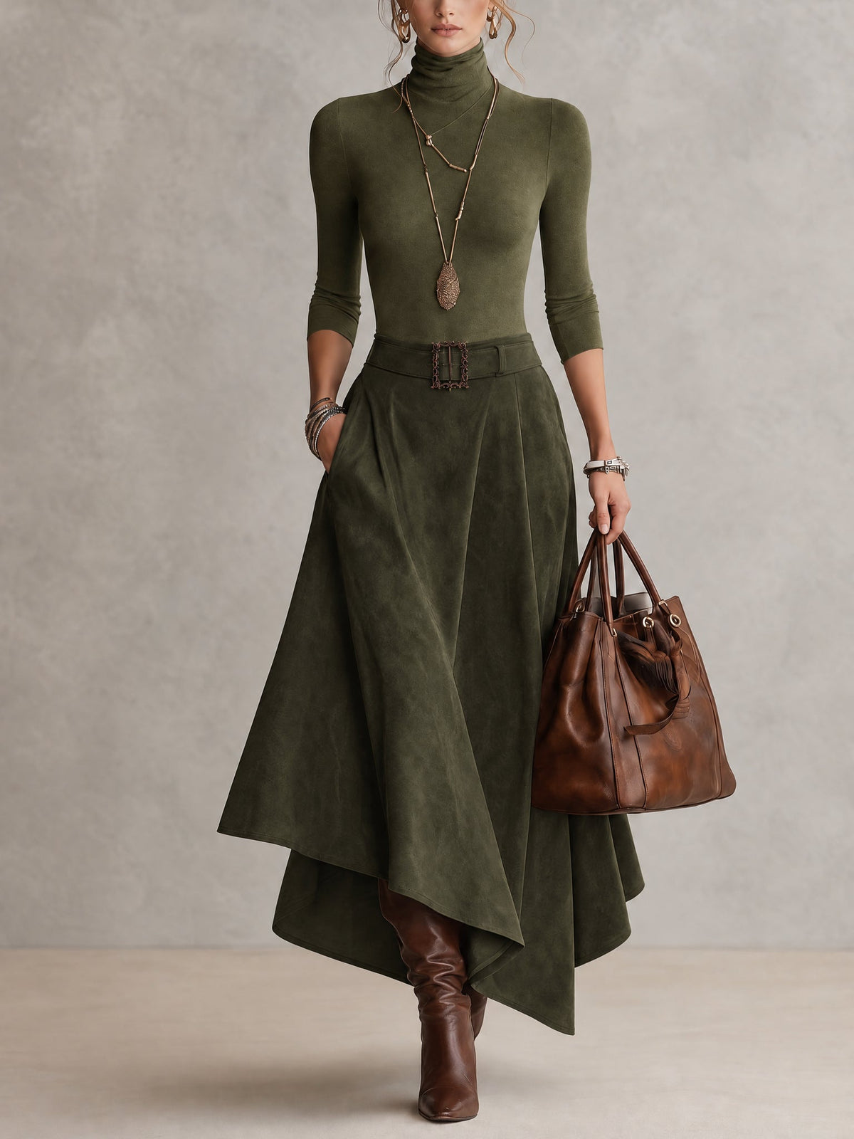 Ensemble Vert Olive avec Haut Extensible à Col Roulé et Jupe Asymétrique en Suédine (avec Ceinture)
