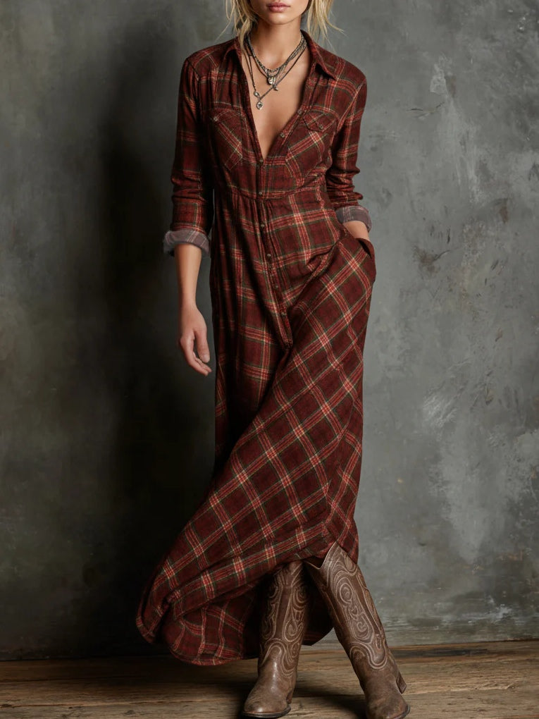 Valentine | Robe Longue Chemise à Col à Carreaux Verts