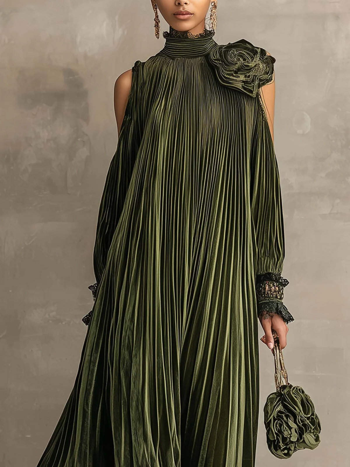Robe Longue Plissée Vert Olive avec Détail Fleuri à l’Épaule