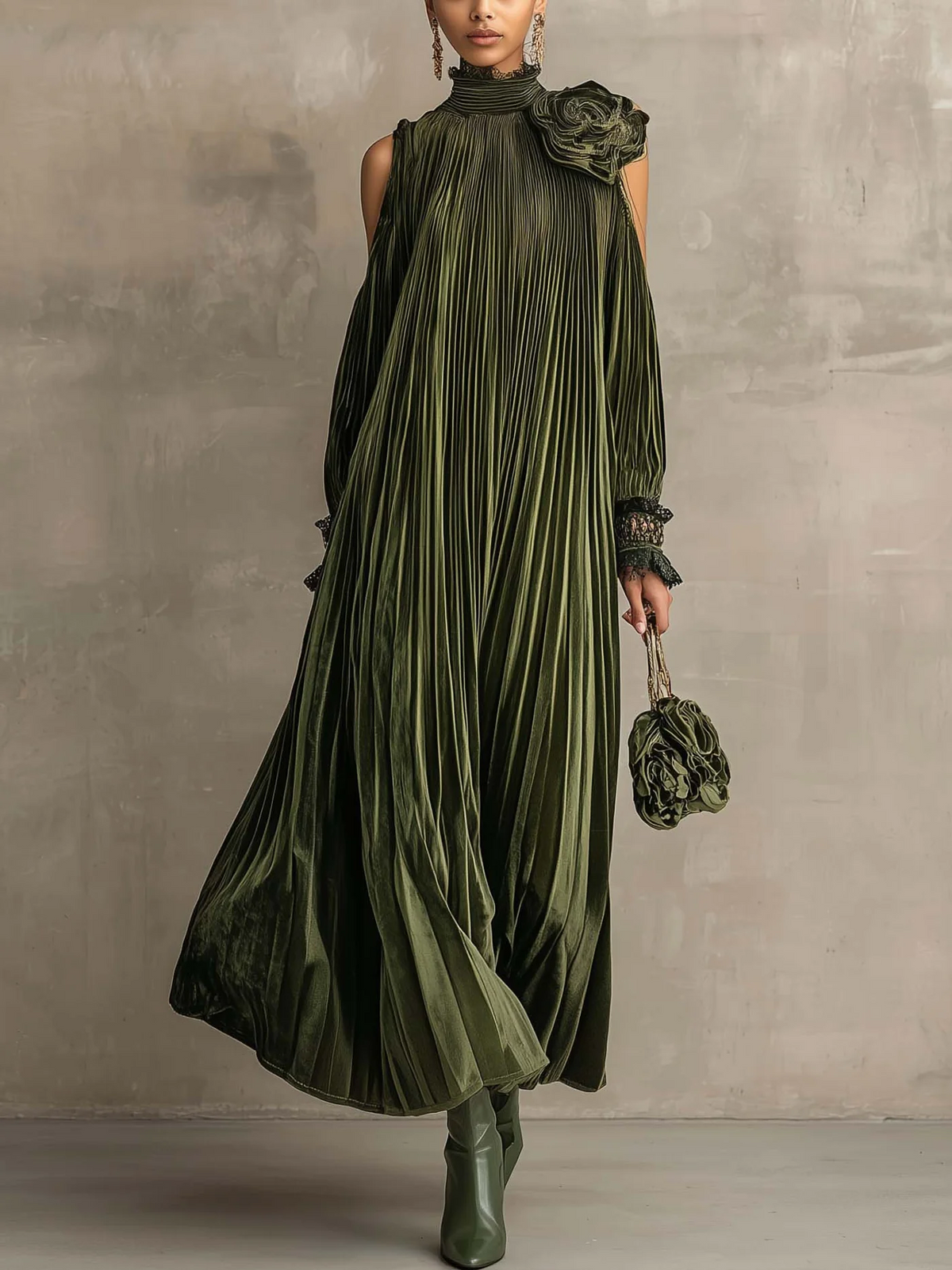 Robe Longue Plissée Vert Olive avec Détail Fleuri à l’Épaule