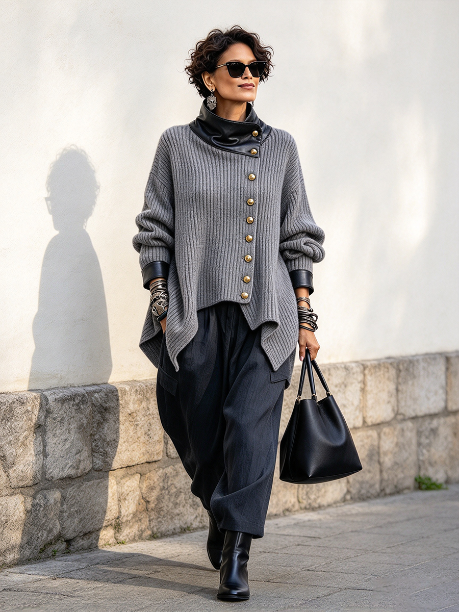 Olivia | Veste Gilet Élégante en Maille et Similicuir