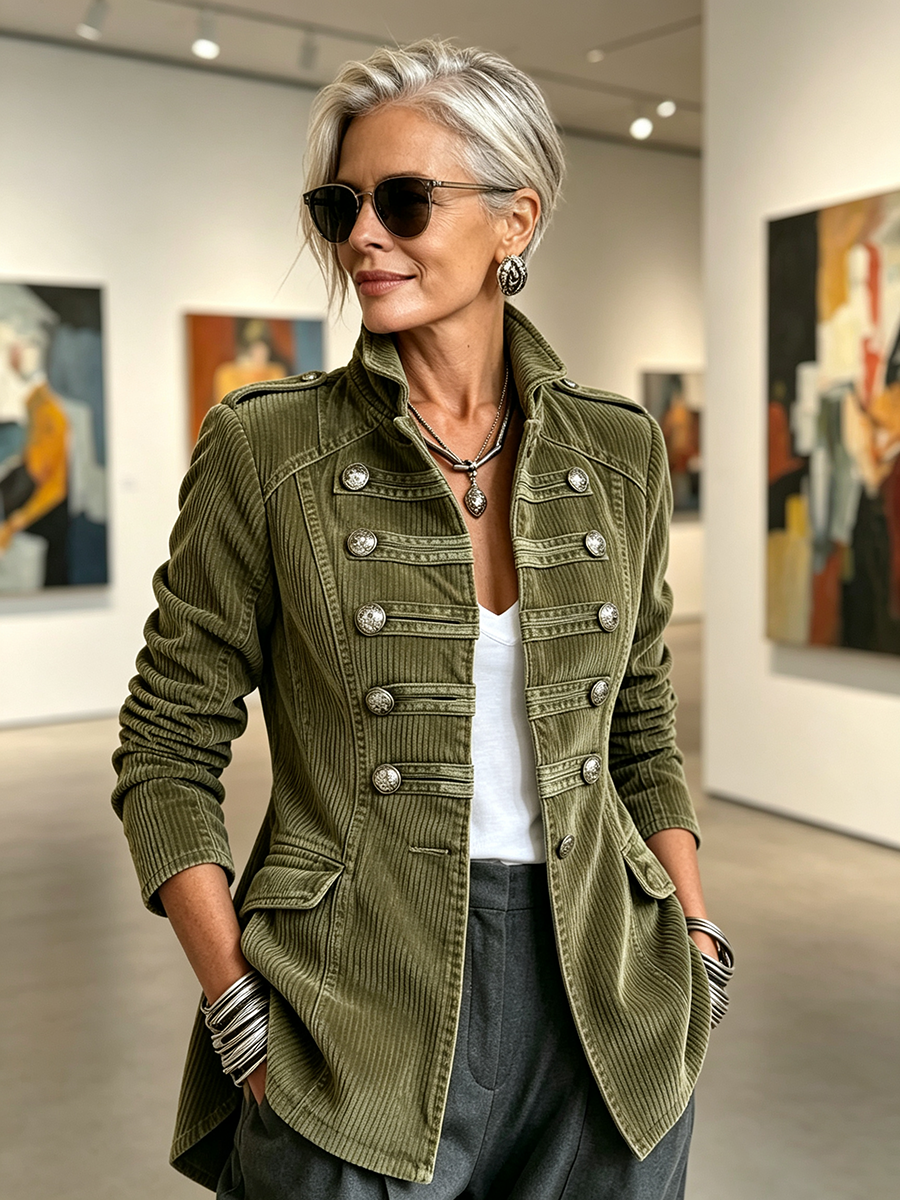 Ariana | Veste Militaire Classique en Velours Côtelé Vert Olive