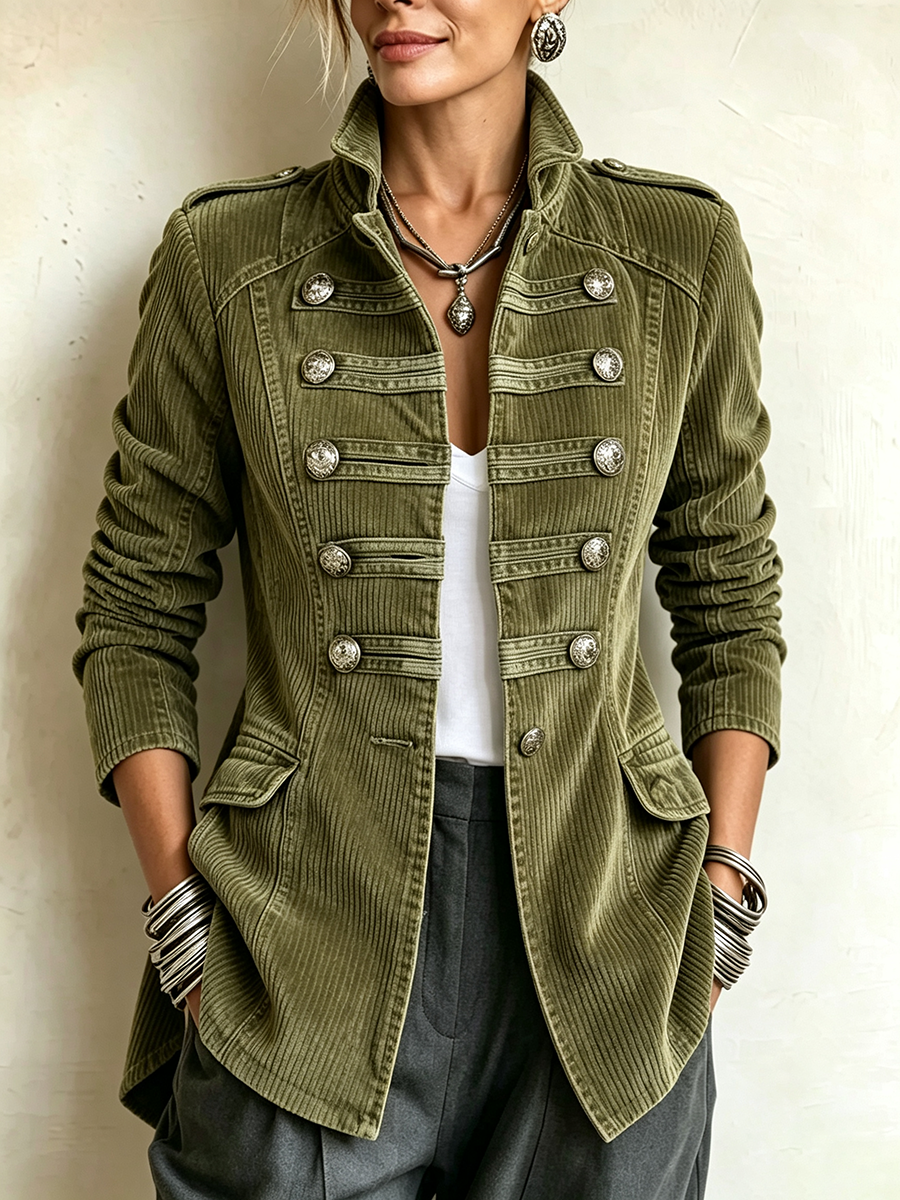 Ariana | Veste Militaire Classique en Velours Côtelé Vert Olive