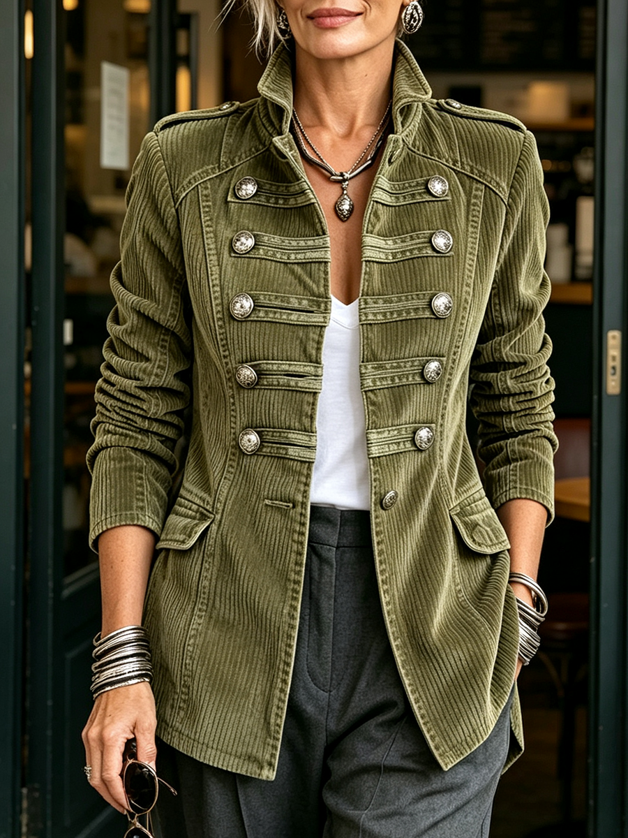 Ariana | Veste Militaire Classique en Velours Côtelé Vert Olive