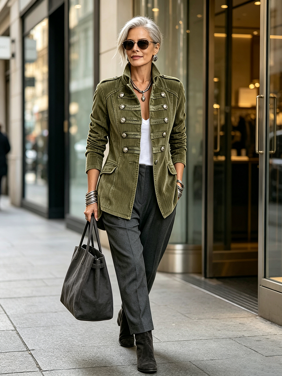 Ariana | Veste Militaire Classique en Velours Côtelé Vert Olive