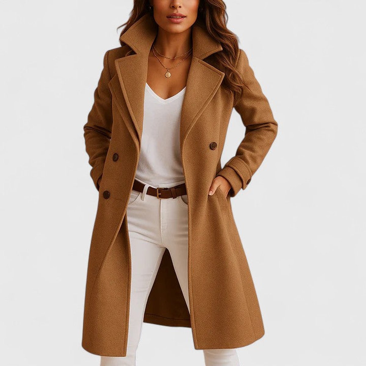 Blanche | Manteau Long Cintré à Col Cranté